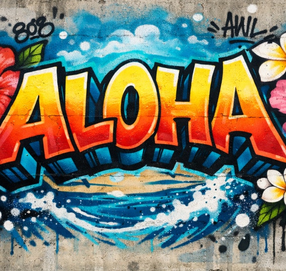 A wall of graffiti images of flowers and the word "ALOHA" in large yellow-and-red letters.