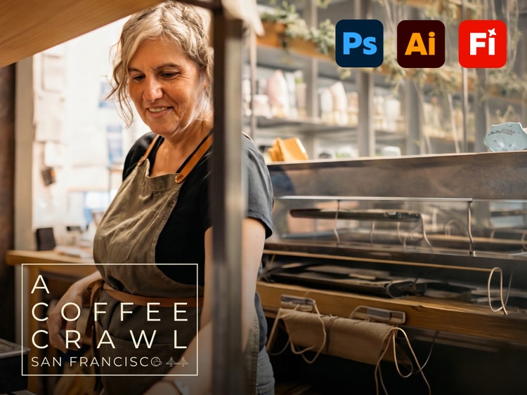 A woman working in a coffee shop with the words "A coffee crawl San Francisco" and the logos for Photoshop, Illustrator, and Firefly on top of the image.