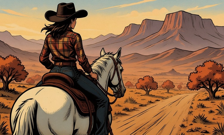 Western comic-style illustration of a lone rancher seen from behind, riding a white horse down a dirt road toward red desert mesas, rolling hills, and orange trees at sunset.