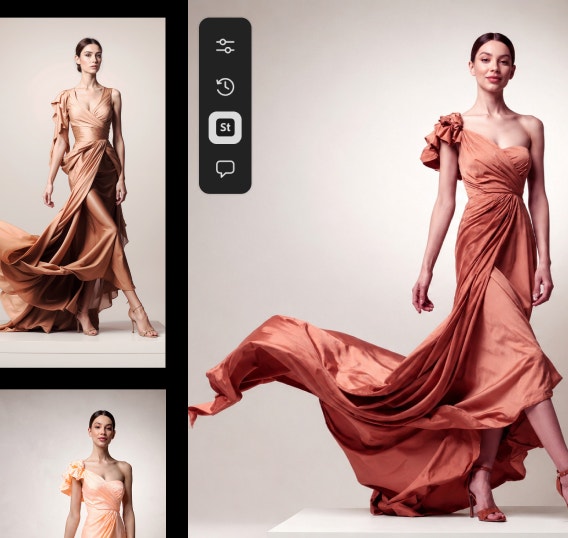 Image-editing interface showing a model in a flowing peach dress, with reference thumbnails on the side and a generated variation of the dress in the main canvas.