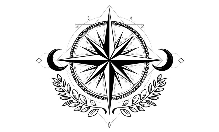A black-and-white compass rose illustration framed by crescent moons, leafy branches, and geometric line details.
