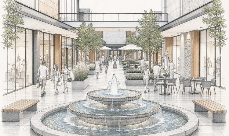 Detailed architectural sketch of a commercial courtyard with a central fountain, outdoor seating, greenery, and people walking through the space.