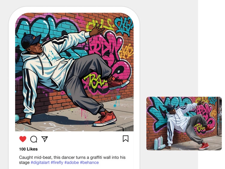 A cartoon-style image of a man breakdancing in front of a graffiti wall, shown as an Instagram post. UI in the lower right shows a photo of the same man used as a reference.