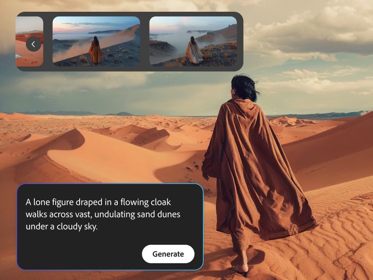 A figure in a robe looks out across sand dunes and a cloud-covered sky. UI in the lower third reads "A lone figure draped in a flowing cloak walks across vast, undulating sand dunes under a cloudy sky." Followed by "Generate."