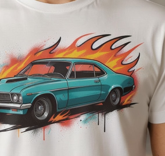 A t-shirt with a muscle car on it. The muscle car looks as if it was painted with an airbrush.