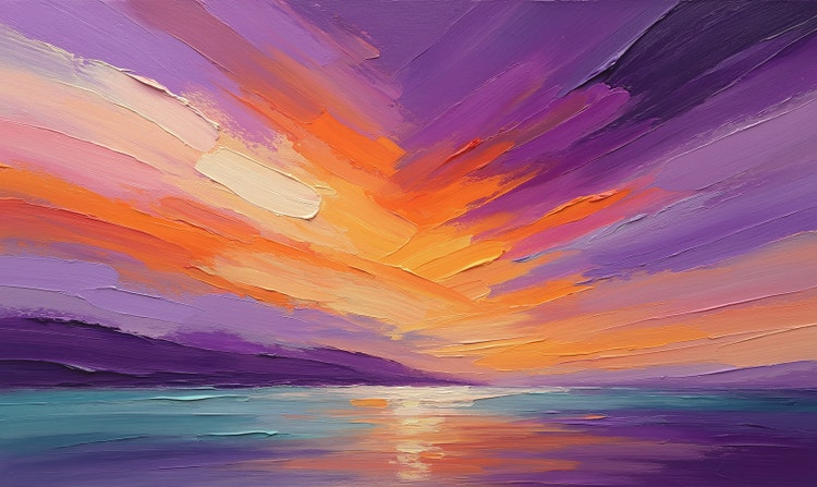 A sunset over a still ocean in a style with large, very prominent brushstrokes.