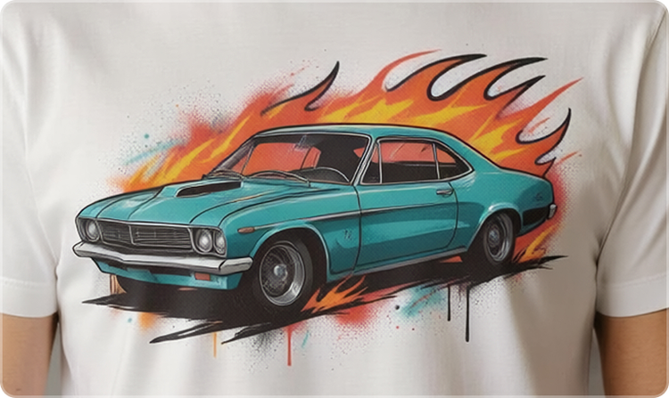 A t-shirt with a muscle car on it. The muscle car looks as if it was painted with an airbrush.
