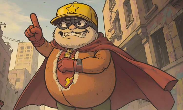 Webtoon-style comic illustration of a cartoon superhero hot dog wearing a yellow helmet, goggles, red gloves, and a flowing cape while standing heroically in a city alley full of rubbish.