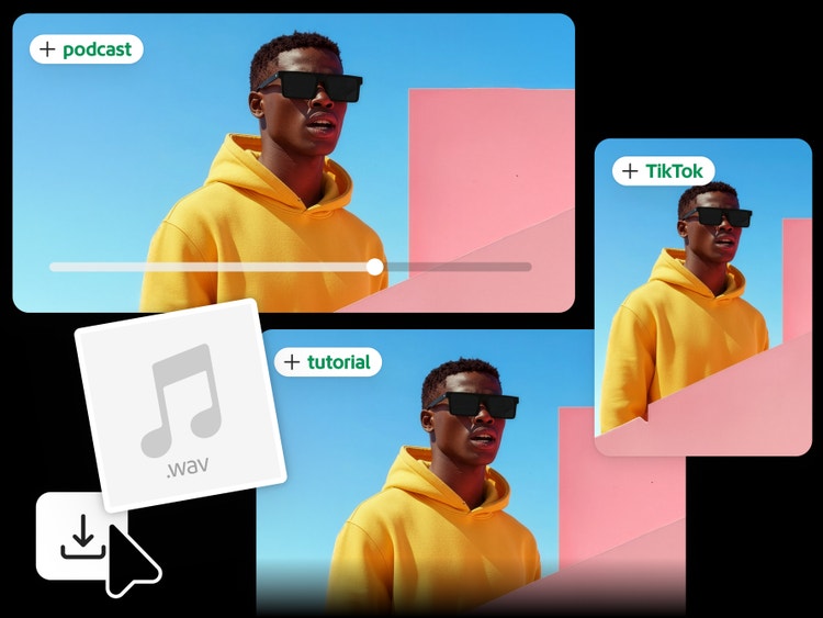Person in a yellow hoodie against a blue and pink background shown in multiple video formats labeled, "podcast," "tutorial," and "TikTok," overlaid with a WAV file icon and download control.