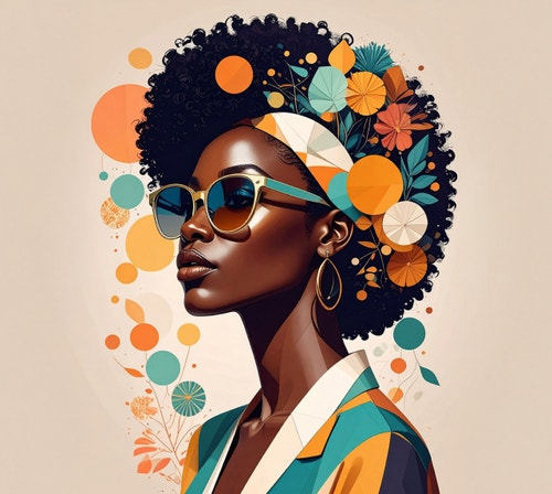 Artistic portrait featuring a person in profile with layered geometric and floral design elements.