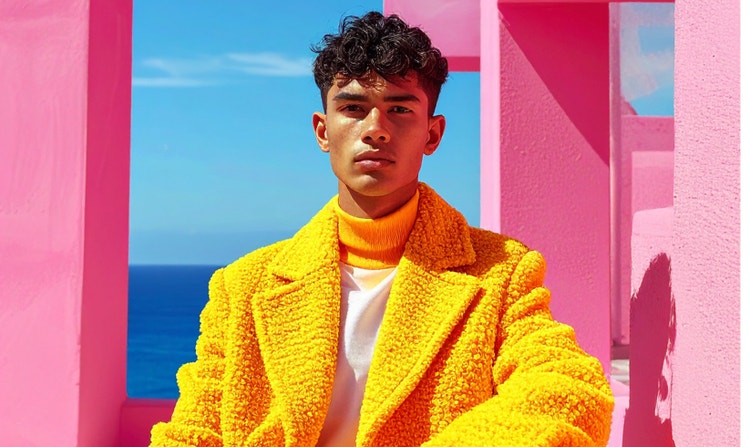 Portrait of a man in a bright yellow textured jacket against a bold pink-and-blue architectural backdrop.