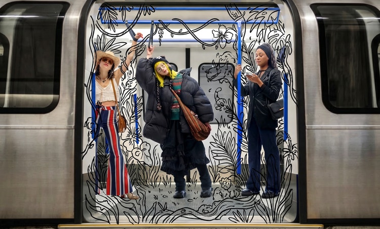 A subway car scene with three passengers standing in the open doorway, surrounded by black hand-drawn jungle vines, leaves, flowers, and animals layered over the train interior.