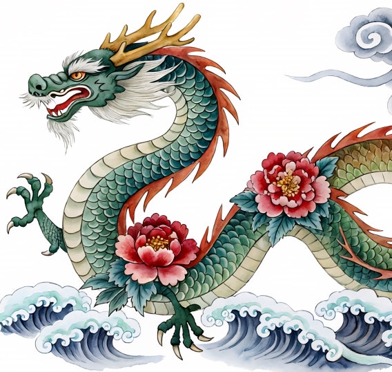 A dragon floating over waves illustrated in a style reminiscent of Chinese ink painting.