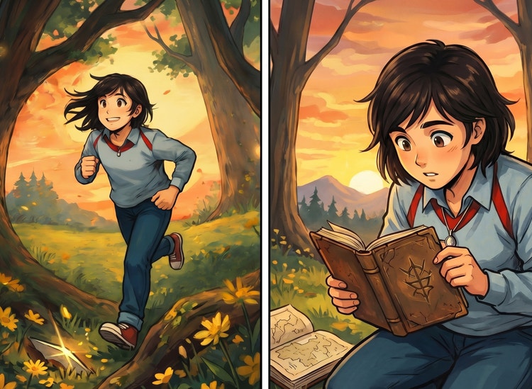 Two-panel comic illustration of a young character in a forest at sunset. In the first panel, they run through trees and yellow flowers. In the second panel, they sit nearby reading a book with maps spread beside them and a mountain sunset in the background.