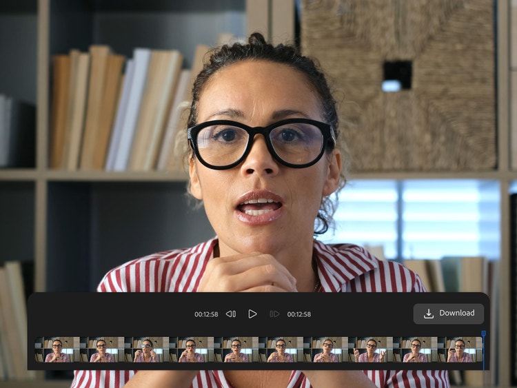 Video still of woman in office using AI video translation tools and overlay of timeline editing interface