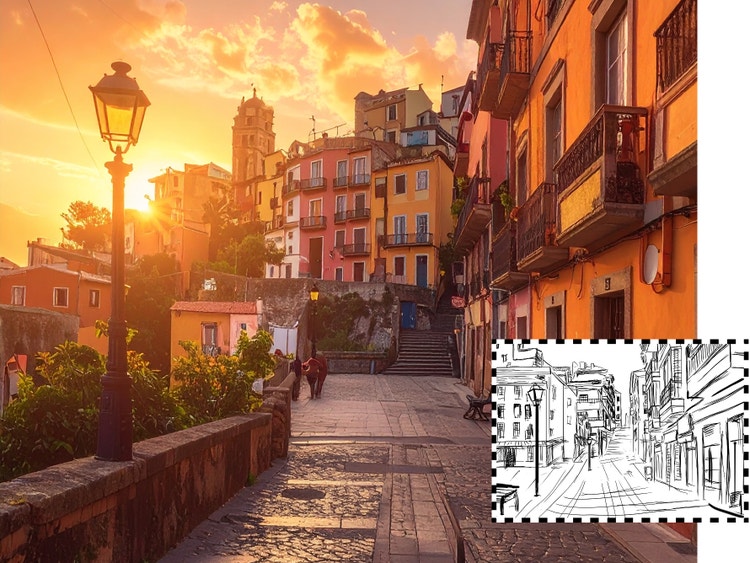 An image of a European or Latin American city with cobblestone roads, several apartment buildings, and the setting in the background. UI to the right shows a black-and-white sketch of a similar scene.