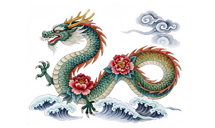 A dragon floating over waves illustrated in a style reminiscent of Chinese ink painting.