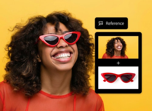 Smiling woman wearing red cat-eye sunglasses against a bright yellow background, with reference images showing her original portrait and the sunglasses used to create the final look.