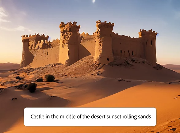 AI-generated image of a castle in the middle of the desert sunset rolling sands from Adobe Firefly