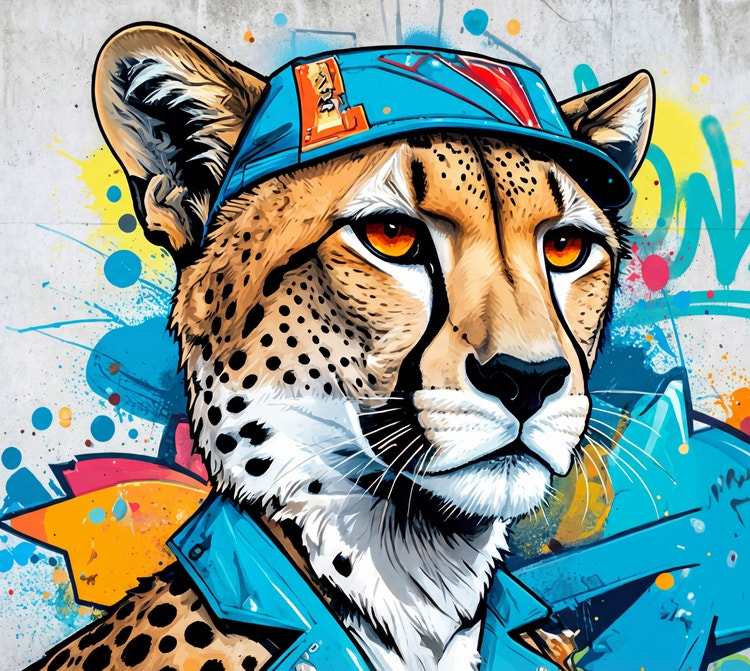 A graffiti-style cartoon of a leopard wearing a hat. A photo of a real leopard in the upper left corner is shown as a reference.