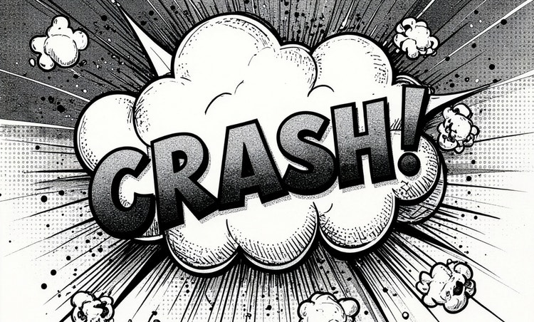 Black-and-white comic sound effect panel with the word “CRASH!” in large bold letters over an explosion cloud, surrounded by speed lines, ink splatters, and small smoke puffs.