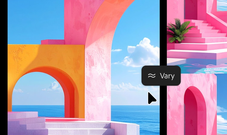 Colorful mood board interface showing pink, yellow, and blue architectural images with ocean views, a cursor, and a floating “Vary” button.