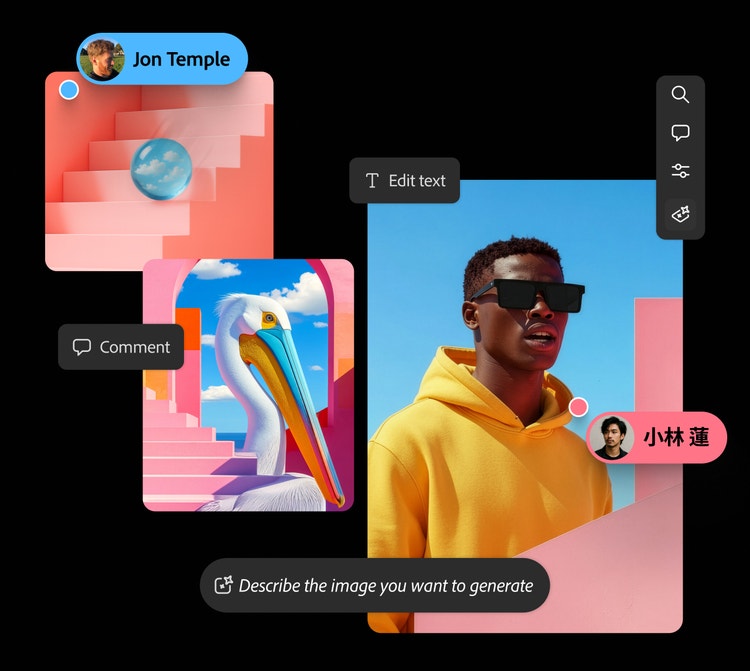 Black-background mockup of a collaborative image-editing interface with three bright, overlapping image cards: a portrait of a man in oversized black sunglasses and a yellow hoodie against a blue-and-pink backdrop, a stylized pelican illustration framed by pink architectural shapes and a blue sky, and an abstract pink staircase scene with a floating blue sphere. Floating UI elements include a blue comment tag labeled “Jon Temple,” a pink tag with a profile photo and the text “小林 蓮,” buttons reading “Edit text” and “Comment,” a vertical toolbar, and a prompt bar that says, “Describe the image you want to generate.”