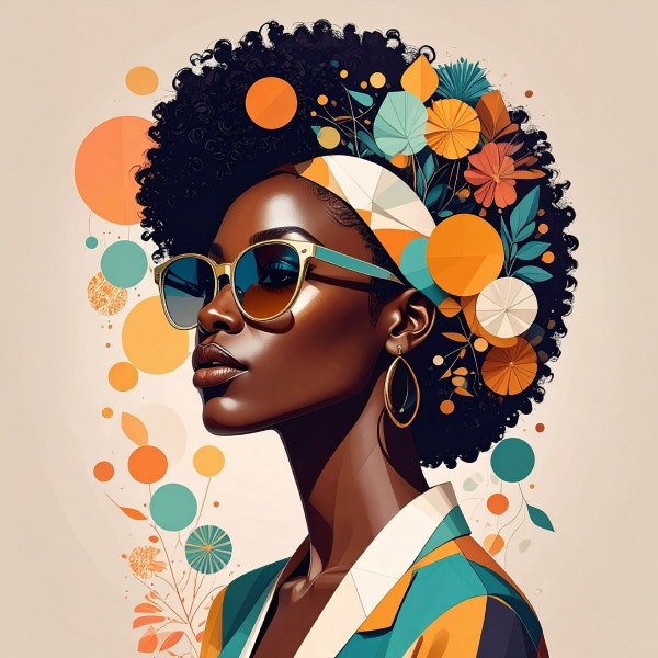 Artistic portrait featuring a person in profile with layered geometric and floral design elements.