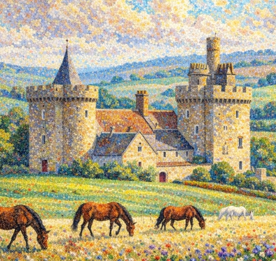 A pointilism-style landscape of horses grazing in field in front of a European castle and rolling, wooded hills.
