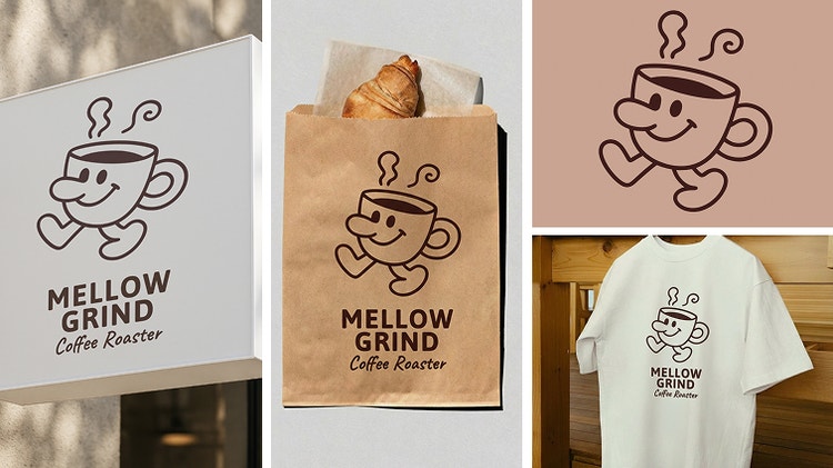 The logo of a coffee shop is shown applied to mock-ups for a sign, bag, digital icon, and t-shirt.