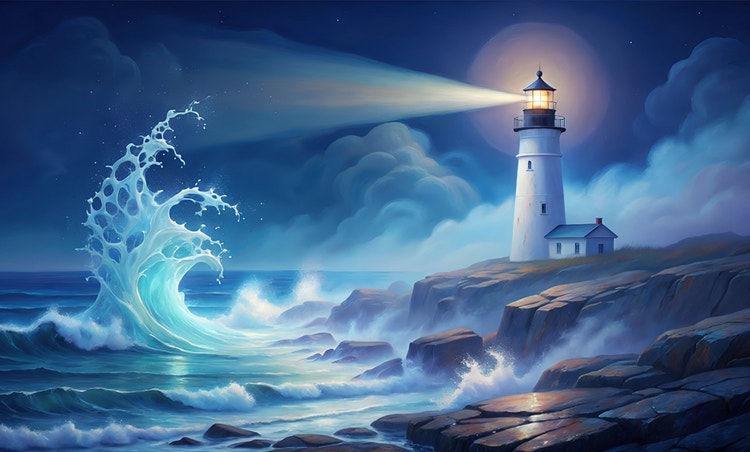A dreamy digital illustration of a lighthouse shining over a rocky coast at night, with blue waves crashing dramatically in the foreground.