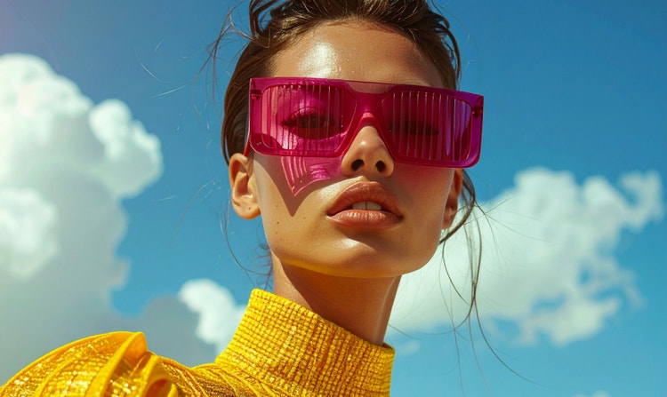 A woman wearing a bright yellow turtleneck and striking pink sunglasses. She looks directly at the camera, and is framed by a blue sky with white clouds.