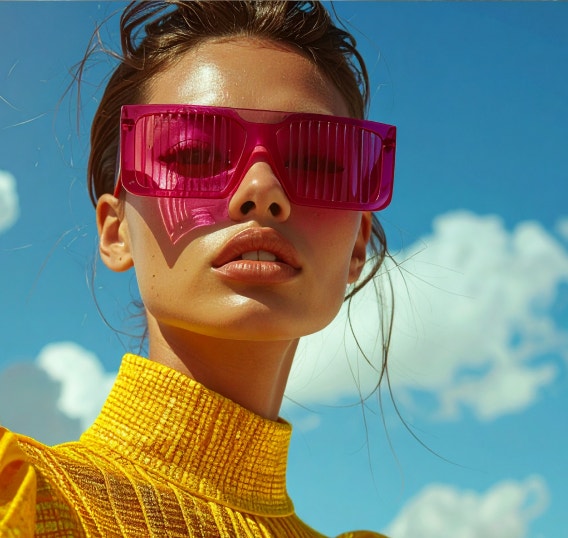 A woman wearing a bright yellow turtleneck and striking pink sunglasses. She looks directly at the camera, and is framed by a blue sky with white clouds.