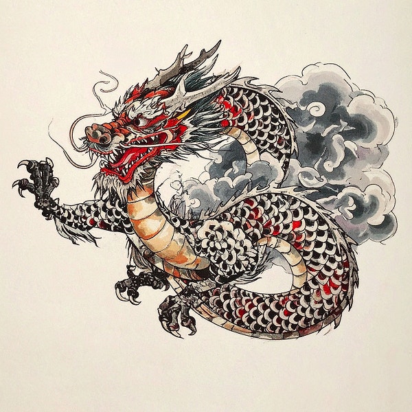 An Asian-style dragon in a style reminiscent of Chinese ink painting. UI in the bottom right corner shows three variants of the dragon.