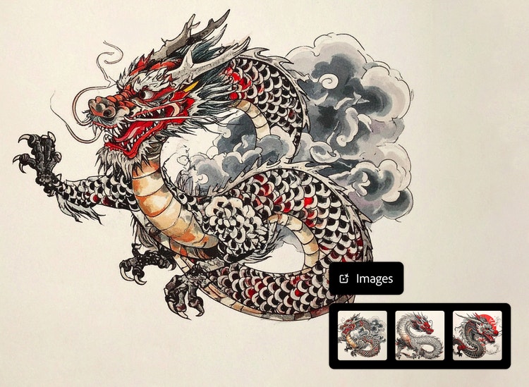 An Asian-style dragon in a style reminiscent of Chinese ink painting. UI in the bottom right corner shows three variants of the dragon.
