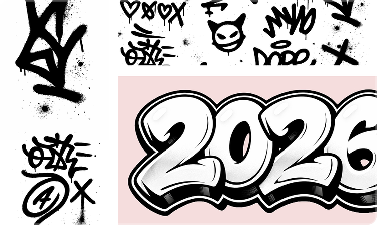 Several doodles made to look like they were done in spray paint, and "2026" in large print in a font inspired by graffiti.