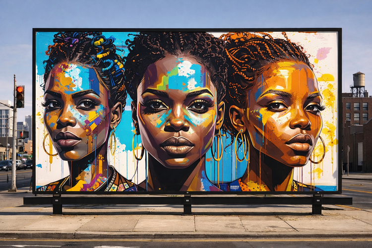 A vibrant mural depicting three women, showcasing diverse expressions and styles, painted on a textured wall.