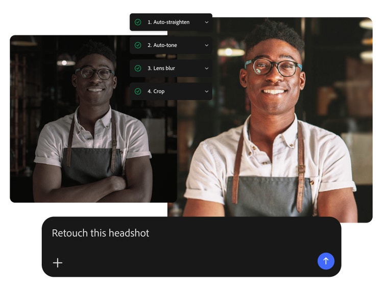 Firefly AI Assistant is used to retouch an image of a man in an apron, automatically straightening, adjusting tone, cropping, and adding lens blur.