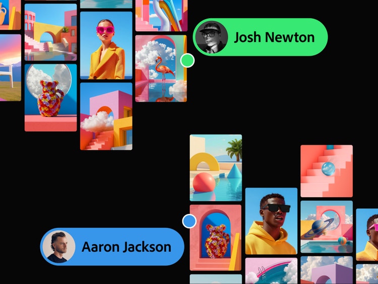A collaborative digital mood board on a black canvas, featuring colorful image tiles, portrait and architecture references, and floating collaborator tags labeled “Josh Newton” and “Aaron Jackson.”