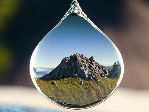 AI-generated image of a mountain in a droplet from Adobe Firefly