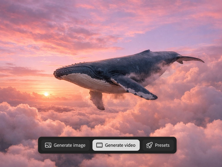 https://main--da-cc--adobecom.aem.page/cc-shared/assets/products/firefly/features/ai-animation-generator/media_107c31e97ee941b8c6d8b0d1935ad40c5d42aa951.mp4#_autoplay | Humpback whale soaring through pink and purple clouds at sunset in surreal fantasy composition.
