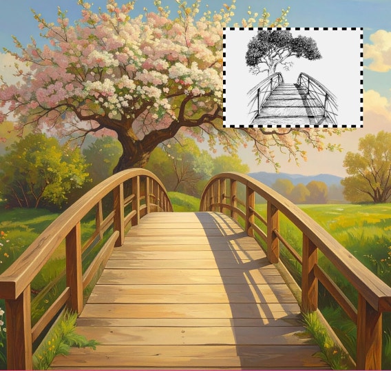A colorful cartoon image of a wooden footbridge and blooming cherry tree. A black-and-white sketch in the upper right shows a simpler reference image of the same bridge and tree.