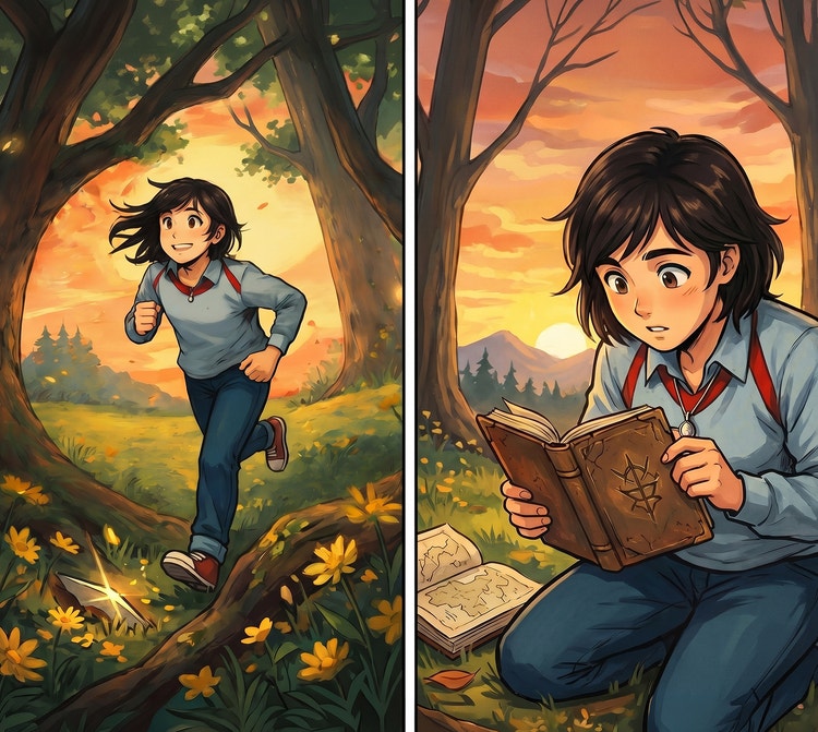 Two-panel comic illustration of a young character in a forest at sunset. In the first panel, they run through trees and yellow flowers. In the second panel, they sit nearby reading a book with maps spread beside them and a mountain sunset in the background.