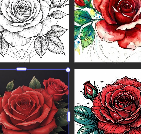 Six different images of a red rose, each in a different illustration style.