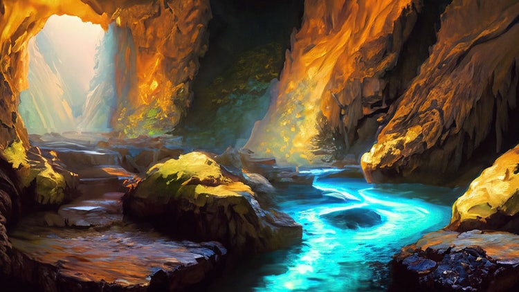 AI generated painting of a cave with a water stream