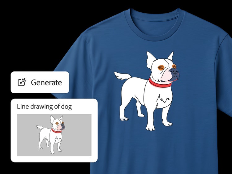 A loose, colorful drawing of a dog generated from the prompt "Line drawing of a dog" is shown applied to a blue t-shirt.
