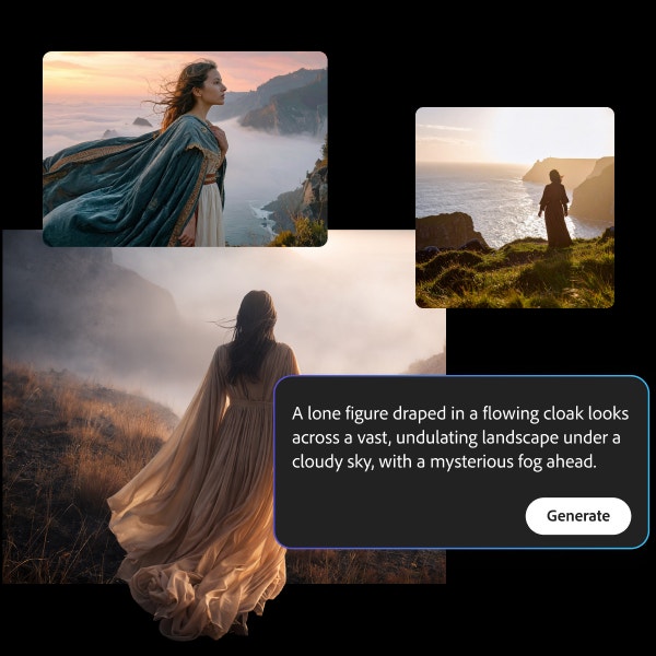 A woman in a flowing cloak gazes out on fog, sea cliffs, and mist-covered valleys. UI in the bottom right corner says "A lone figure draped in a flowing cloak looks across a vast, undulating landscape under a cloudy sky, with a mysterious fog ahead." Followed by "Generate."
