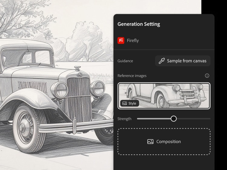 A line drawing of a vintage car is adjusted with Firefly settings that use a reference image, strength slider, and sample from canvas functions.