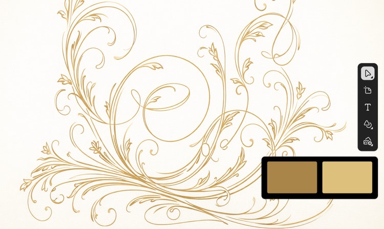 A decorative gold floral scrollwork design with thin curling vines and leaves on a light background. A vertical editing toolbar and two gold color swatches appear on the right side.