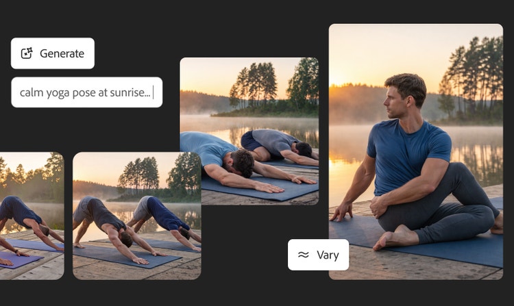 Images of people doing yoga. UI reads "Generate" along with "calm yoga pose at sunrise..." and "vary."
